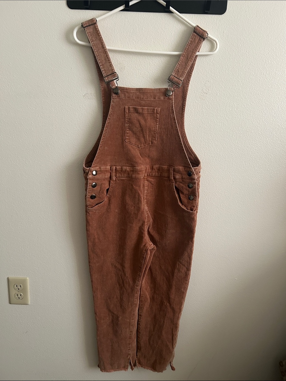 Vici Women S Copper Corduroy Bib Overalls Tapered Leg Raw Hem Metallic Buttons